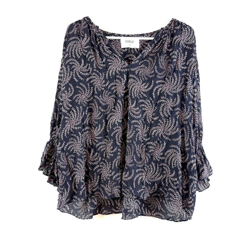 Ba&sh Floral Puff Sleeve Boho Blouse Viscose Purple Ruffle Size US 8 Oversized